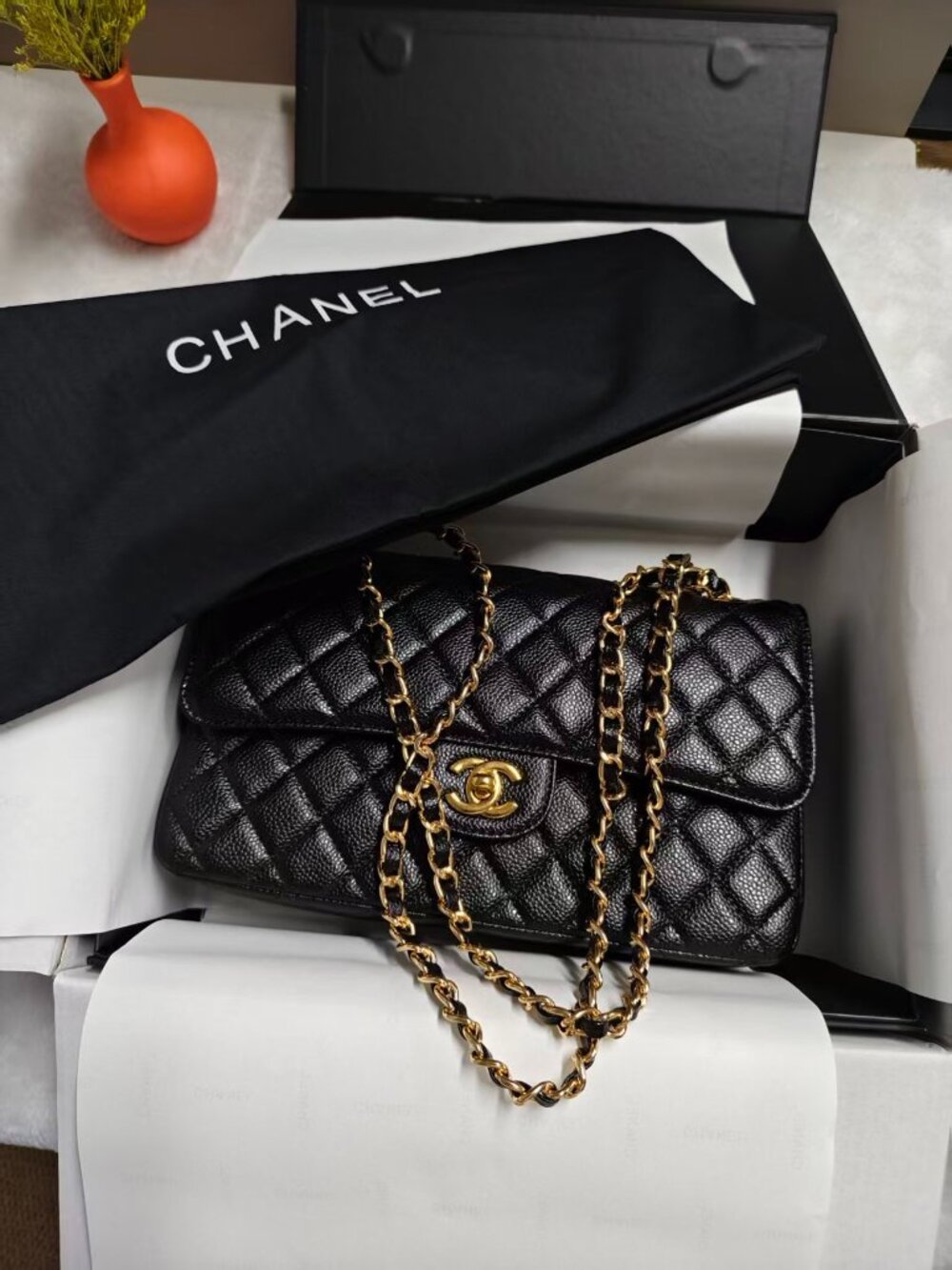 Chanel Black Caviar  Lambskin Quilted Classic Flap Bag Gold